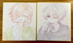  2boys :d blush cardigan closed_eyes collared_shirt dress_shirt gloves green_cardigan grey_cloak grey_hair hair_between_eyes hair_over_one_eye highres kuchinashi_dabi long_sleeves looking_at_viewer male_focus mimi_utlove mitsudomoe_koubou_(series) mole mole_under_eye multiple_boys one_eye_closed one_eye_covered open_mouth oshi_no_taisetsuna_hito_ni_narikawaru parted_lips photo_(medium) pink_hair ponytail portrait sharp_teeth shikishi shirt short_hair smile teeth tonimura_yui traditional_media white_gloves white_shirt 