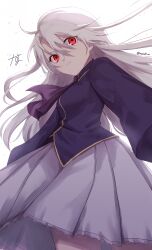  1girl absurdres ahoge ascot backlighting blouse closed_mouth collared_shirt commentary cowboy_shot fate/stay_night fate_(series) from_below hair_between_eyes highres illyasviel_von_einzbern long_hair long_sleeves looking_at_viewer miniskirt nanosuke_(nanonano9) pleated_skirt purple_ascot purple_shirt red_eyes serious shirt simple_background skirt solo standing twitter_username untucked_shirt very_long_hair white_background white_hair white_skirt wing_collar 