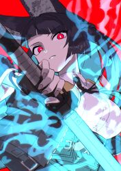  0memeg4_01 1girl animal_ear_fluff animal_ears aqua_jacket black_hair black_necktie blue_fire breasts closed_mouth commentary_request fingerless_gloves fire fox_ears fox_girl gloves holding holding_sword holding_weapon hoshimi_miyabi jacket katana long_hair looking_at_viewer necktie red_background red_eyes shirt sidelocks single_fingerless_glove solo sword upper_body weapon white_shirt zenless_zone_zero 