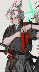  1boy adjusting_clothes black_kimono cowboy_shot dandadan glasses highres japanese_clothes katana kimono male_focus multicolored_hair multiple_swords parted_bangs ponytail red_eyes red_hair round_eyewear short_hair short_ponytail solo streaked_hair sword takakura_ken_(dandadan) takakura_ken_(transformed)_(dandadan) wavy_hair weapon white_hair wolf6481 