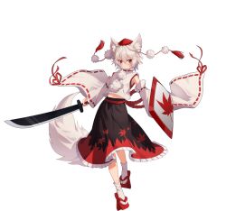  1girl animal_ear_fluff animal_ears artist_request black_skirt frilled_skirt frills full_body game_asset grey_hair hat holding holding_shield holding_sword holding_weapon inubashiri_momiji leaf_print looking_at_viewer maple_leaf_print non-web_source official_art pom_pom_(clothes) print_skirt red_eyes red_hat red_sandals red_skirt sandals self-datamine shield shirt short_hair simple_background skirt sleeveless sleeveless_shirt socks solo sword tail tokin_hat touhou touhou_arcadia_record transparent_background two-tone_skirt weapon white_shirt white_socks wolf_ears wolf_girl wolf_tail 