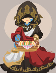  1boy artist_name black_hood black_robe blush cat_boy commentary_request covered_eyes crystal_arm crystal_exarch facial_mark final_fantasy final_fantasy_xiv food g'raha_tia grey_background hair_between_eyes happy holding_picnic_basket hood hood_up male_focus miqo'te open_mouth outstretched_arms picnic_basket red_hair rizu_(rizunm) robe sandwich scarf short_hair simple_background smile solo tail 