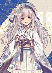  1girl :d alternate_costume blonde_hair commentary_request cowboy_shot flower gloves hair_flower hair_ornament hands_up hikami_meruru japanese_clothes kimono long_hair long_sleeves looking_at_viewer mahou_shoujo_no_majo_saiban musica_musica obi open_mouth own_hands_together sash smile solo standing tassel veil violet_eyes white_gloves white_kimono white_veil wide_sleeves 