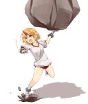  1girl bandages blonde_hair broken_ground buruma collarbone cuffs fang gym_uniform highres horn hoshiguma_yuugi oni open_mouth pointy_ears puffy_short_sleeves puffy_sleeves red_eyes rock shackles shirt short_sleeves solo teru_(kazanawa) touhou younger 