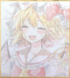  1girl :d ascot blonde_hair blush bow closed_eyes collared_shirt commentary_request crystal crystal_wings facing_viewer flandre_scarlet frilled_shirt_collar frills furawast hair_between_eyes hat hat_bow highres mob_cap one_side_up open_mouth red_bow red_vest shikishi shirt smile solo touhou traditional_media upper_body vest white_hat white_shirt wings yellow_ascot 