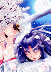  1girl absurdres cherry_blossoms commentary_request falling_petals fighting_stance highres holding holding_sword holding_weapon japanese_clothes kara_no_kyoukai katana kimono li_(lithium0522) long_hair moon parted_lips petals portrait purple_hair red_eyes red_lips ryougi_shiki serious solo sword tree void_shiki weapon white_kimono wide_sleeves 