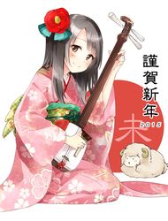  1girl 2015 black_hair brown_eyes japanese_clothes kaedena_akino kimono long_hair original sheep solo 