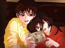  2girls black_eyes black_hair blush camera commentary fujino_(look_back) hair_between_eyes highres holding holding_camera kobarikei kyomoto_(look_back) leaning_on_person long_hair look_back messy_hair mole mole_under_mouth multiple_girls open_mouth orange_shirt shirt short_hair smile untranslatable_commentary yellow_shirt 