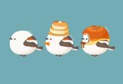  animal animal_focus anpan artist_name bird blue_background bow bowtie bread commentary_request food food-themed_hat from_side long-tailed_tit no_humans orange_bow orange_bowtie original pancake pancake_stack red_bow rizu_(rizunm) simple_background tit_(bird) 