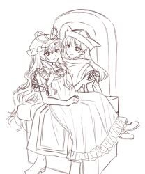  2girls absurdres blush boots closed_mouth dress frilled_dress frills greyscale hat hat_ribbon highres holding_hands long_hair matara_okina mob_cap mochigumo monochrome multiple_girls on_throne ribbon shoes sitting sitting_on_lap sitting_on_person sketch smile tabard throne touhou very_long_hair yakumo_yukari yuri 
