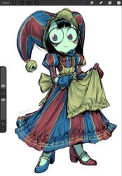  1girl alternate_costume apron art_program_in_frame asymmetrical_footwear asymmetrical_gloves black_hair blue_dress blue_eyes blue_gloves blue_hat blue_shoes blush_stickers colored_skin commentary dress english_commentary full_body gloves hat hat_bell high_heels highres holding_apron jester_cap juliet_sleeves kiioki11 long_sleeves mismatched_footwear mismatched_gloves mismatched_shoes multicolored_eyes pomni_(the_amazing_digital_circus) puffy_sleeves red_dress red_eyes red_gloves red_hat red_shoes shoes short_hair solo striped_clothes striped_dress the_amazing_digital_circus two-tone_eyes two-tone_hat vertical-striped_clothes vertical-striped_dress vertical-striped_hat white_skin yellow_apron 