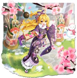  1girl :d alternate_costume artist_request blonde_hair bow cherry_blossoms day falling_petals floral_print floral_print_kimono flower frilled_bow frills full_body game_asset hagoita hair_bow hair_ornament hair_stick hane_(hanetsuki) hanetsuki holding holding_paddle japanese_clothes kadomatsu kanzashi kimono kirisame_marisa looking_at_viewer non-web_source obi obiage obijime official_art open_mouth paddle petals pink_flower pink_petals print_kimono purple_kimono ribbon-trimmed_sleeves ribbon_trim sandals sash self-datamine simple_background smile snowman socks solo sparkle touhou touhou_arcadia_record translation_request transparent_background tsumami_kanzashi white_bow white_socks wide_sleeves yellow_eyes 