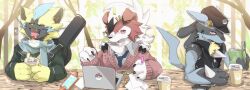  3boys ao_gravity body_fur cat_boy claws commentary_request computer cup disposable_cup furry furry_male guitar_case instrument_case jacket laptop looking_at_viewer lucario lycanroc male_focus multiple_boys outdoors pink_eyes pink_sweater pokemon pokemon_(creature) red_eyes scarf sweater upper_body yawning zeraora 