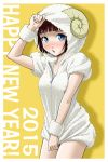  1girl 2015 blue_eyes blush breasts brown_hair cleavage horns ichikawa_masahiro new_year open_mouth original sheep_girl sheep_hood solo wool 