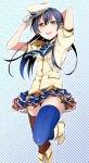  1girl blue_hair boots costume_request epaulettes frilled_skirt frills gloves hat_tip kamekoya_sato long_hair looking_at_viewer love_live!_school_idol_project mismatched_legwear necktie open_mouth skirt solo sonoda_umi striped striped_background thigh-highs yellow_eyes zettai_ryouiki 