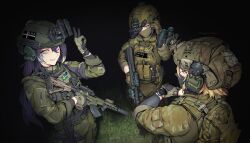  3girls alina_svard_kovalenko_(laotianaviator) assault_rifle australian_army australian_flag avee_(silent_kookaburra) balaclava borrowed_character camouflage camouflage_pants combat_helmet fast_helmet flag_patch goggles grass gun helmet highres holding holding_gun holding_weapon load_bearing_vest mask military_combat_uniform military_fatigues military_uniform mouth_mask multiple_girls night_vision_device original pants paperboathat patch pouch rifle scope shoulder_patch sonya_(paperboathat) standing swedish_army swedish_flag v watch watch weapon 