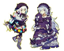  2girls beret black_boots black_jacket black_pantyhose black_skirt blue_dress blue_hair blue_hairband boots bow closed_mouth commentary dress dress_bow frilled_dress frills full_body gothic_lolita hair_over_one_eye hairband hat heterochromia highres jacket jogasaki_noah lolita_fashion lolita_hairband long_hair long_sleeves looking_at_viewer mahou_shoujo_no_majo_saiban multi-tied_hair multicolored_hair multiple_girls natsume_an-an neck_ribbon off_shoulder one_side_up pantyhose polka_dot polka_dot_bow red_eyes ribbon shrimkii simple_background skirt sleeves_past_fingers sleeves_past_wrists slippers smile streaked_hair untranslatable_commentary very_long_hair violet_eyes white_background white_hair yellow_eyes 