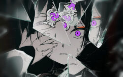  1boy blunt_ends choppy_bangs commentary_request cracked_screen cracked_skin eyeliner genshin_impact gnosis_(genshin_impact) greyscale hand_on_own_face hand_up highres looking_at_viewer makeup male_focus mandarin_collar monochrome parted_lips portrait red_eyeliner scaramouche_(genshin_impact) solo spot_color straight-on tearing_up tsuibakiwa tsurime violet_eyes wide-eyed 