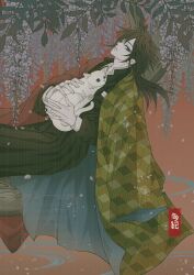  1boy absurdres animal belt black_hair black_jacket black_pants blue_eyes buttons cat demon_slayer_uniform fingernails gold_buttons hair_between_eyes haori highres holding holding_animal holding_cat jacket japanese_clothes kikkoumon kimetsu_no_yaiba long_hair looking_at_viewer low_ponytail male_focus pants ponytail print_haori red_haori solo spiky_hair takichihaya0208 tomioka_giyuu white_belt white_cat 