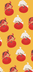  2girls :< absurdres ahoge artist_name blush_stickers closed_eyes commentary_request dress green_dress gundam gundam_suisei_no_majo hair_between_eyes highres jacket long_hair long_sleeves miorine_rembran multiple_girls ponytail red_hair rizu_(rizunm) simple_background solid_circle_eyes suletta_mercury tomato twitter_username white_hair white_jacket yellow_background 