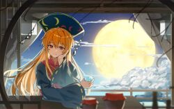  1girl absurdres arm_rest black_dress black_hat chinese_clothes chinese_commentary closed_mouth clouds commentary_request crescent crescent_print cup dalachi_(headdress) dress drinking_glass full_moon hair_between_eyes hand_on_own_face hand_up hat highres holding holding_cup junko_(touhou) light_particles long_hair long_sleeves looking_at_viewer maisuiren moon neck_ribbon night orange_hair pom_pom_(clothes) red_eyes red_tabard ribbon ribbon-trimmed_sleeves ribbon_trim sky smile solo star_(sky) starry_sky tabard tassel touhou wide_sleeves yellow_ribbon 