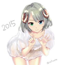  1girl 2015 animal_costume bare_shoulders blue_eyes blush brown_hair green_eyes heterochromia idolmaster idolmaster_cinderella_girls infinote looking_at_viewer mole sheep_costume short_hair smile solo takagaki_kaede 