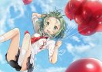  1girl :d akayan balloon from_below glasses green_eyes green_hair gumi holding looking_at_viewer open_mouth short_hair sky smile solo vocaloid 