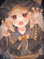  1girl :o alternate_costume alternate_hair_length_(longer) alternate_hairstyle black_background blonde_hair blush bow bowtie capelet claw_pose commentary_request cross-laced_clothes dress fang flandre_scarlet frills furawast gold_trim grey_capelet grey_dress grey_hat hair_between_eyes hands_up hat long_hair looking_at_viewer mob_cap nail_polish orange_nails red_eyes simple_background solo sparkle touhou upper_body v-shaped_eyebrows yellow_bow yellow_bowtie 