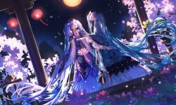  2girls ao_nhat_binh aqua_eyes aqua_hair architecture azuriel blue_eyes blue_hair commentary dress dual_persona east_asian_architecture floral_print flower frilled_dress frilled_sleeves frills hatsune_miku highres jewelry khan_van lantern lolita_fashion long_hair lotus lotus_leaf moon multiple_girls necklace night patterned_clothing pearl_necklace petals tassel thanh_anh_miku thanh_mai_miku tree very_long_hair viet_lolita vietnamese_clothes vocaloid wide_sleeves 