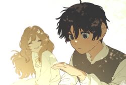  1boy 1girl ^_^ brown_hair catherine_(project_moon) closed_eyes commentary_request dress flower grey_vest hair_flower hair_ornament hand_up heathcliff_(project_moon) korean_commentary limbus_company long_hair long_sleeves mangsug12_40 parted_lips project_moon shirt sidelocks simple_background vest violet_eyes white_background white_dress white_flower white_shirt wide-eyed 