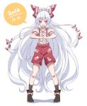  1girl 60mai adapted_costume albino black_legwear boots bow dated fujiwara_no_mokou full_body hair_bow hair_ornament hair_ribbon long_hair looking_at_viewer open_mouth pants puffy_sleeves red_eyes ribbon shirt short_sleeves simple_background socks solo touhou white_background white_hair 