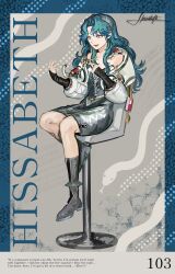  1girl :d bare_shoulders blue_border blue_hair boots border chair character_name character_signature commentary dress english_text fangs fragrance_(freakyduck9000) full_body green_eyes grey_background grey_boots grey_dress hands_up highres hissabeth id_card index_finger_raised jacket long_hair looking_at_animal on_chair open_mouth pencil_dress pointing_at_animal red_pupils reverse:1999 short_dress sitting sleeveless sleeveless_dress smile snake snake_on_head solo white_jacket 
