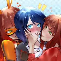  3girls animal_ears blue_background blue_eyes blue_hair blush brown_hair commentary dual_persona english_commentary eye_mask fingernails fox_ears girl_sandwich grabbing_another's_chin green_eyes grey_jacket hand_on_another's_chin heart highres jacket lila_rossi long_fingernails marinette_dupain-cheng mask miraculous_ladybug multiple_girls orange_mask polka_dot polka_dot_background red_jacket riolukakyoku689 sandwiched shirt volpina white_nails white_shirt yuri 