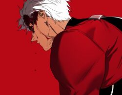  1boy archer_(fate) blood blood_from_forehead blood_on_face colored_sclera commentary_request dark-skinned_male dark_skin fate/stay_night fate_(series) highres korean_commentary male_focus red_background red_sclera shirt short_hair shrug_(clothing) simple_background solo upper_body white_hair xom3thing 