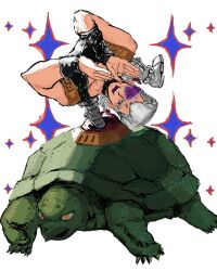  1boy :d animal black_tank_top blue_eyes clapping coco_jumbo colored_eyepatch eyepatch flattop gem ghost hand_up highres jean_pierre_polnareff jojo_no_kimyou_na_bouken prosthesis prosthetic_leg r4kaiyu red_gem scene_reference smile sparkle tank_top turtle upside-down vento_aureo white_background white_hair wrist_cuffs yellow_eyes 