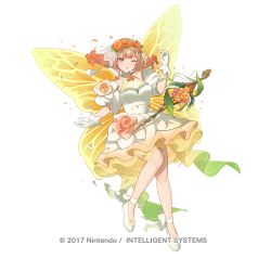  1girl bare_shoulders battle_damage blonde_hair blush breasts butterfly_wings commentary_request damaged dress fairy fairy_wings fire_emblem fire_emblem_heroes flower full_body gloves hair_between_eyes hair_ornament insect_wings medium_breasts miyako_(xxxbibit) multicolored_hair official_alternate_costume official_art one_eye_closed open_mouth peony_(fire_emblem) peony_(interwoven_dream)_(fire_emblem) pointy_ears shoes sidelocks simple_background smile solo staff teeth upper_teeth_only violet_eyes white_background white_dress white_gloves white_shoes wings 