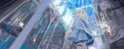  1girl absurdres ahoge aqua_eyes black_skirt building coat from_below grey_hair halftone highres ichika_(ichika87) long_hair looking_at_viewer original scenery skirt solo standing tagme thigh_strap twintails white_coat 