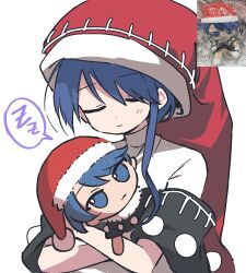  1girl :3 black_capelet blue_hair capelet character_doll closed_eyes closed_mouth commentary doll doremy_sweet dress facing_viewer fumo_(doll) hat hugging_doll hugging_object long_hair nightcap photo_inset pom_pom_(clothes) red_hat sleeping smile solo soooooook2 spoken_zzz touhou white_dress zzz 