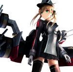  1girl akabane_rin aqua_eyes black_skirt blonde_hair hat kantai_collection long_hair machinery microskirt military military_uniform peaked_cap pleated_skirt prinz_eugen_(kantai_collection) simple_background skirt solo turret uniform white_background 