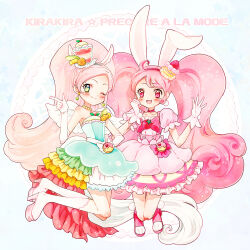  2girls animal_ears aqua_background aqua_dress boots cure_parfait cure_whip dress elbow_gloves food-themed_clothes food-themed_hair_ornament full_body gloves hair_ornament hairband horse_ears horse_tail kirahoshi_ciel kirakira_precure_a_la_mode knee_boots long_hair looking_at_viewer magical_girl multiple_girls nene_(oneoneo13) one_eye_closed pink_dress pink_eyes pink_hair ponytail precure rabbit_ears rabbit_girl simple_background smile tail twintails unicorn_girl usami_ichika very_long_hair white_gloves wide_ponytail wings 
