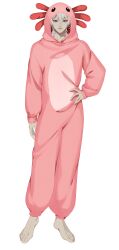  1boy a_date_with_death absurdres animal-shaped_clothes axolotl barefoot bishounen casper_(a_date_with_death) game_asset hair_between_eyes hand_on_own_hip highres large_variant_set looking_at_viewer male_focus non-web_source official_art onesie open_mouth pajamas pink_pajamas red_eyes self-datamine solo straight-on tachi-e teeth transparent_background upper_teeth_only variant_set white_hair 