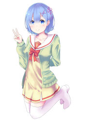  1girl alternate_costume arm_behind_back blunt_bangs blush bow bowtie c: cardigan closed_mouth collarbone commentary_request contemporary dress eyes_visible_through_hair full_body green_cardigan hair_between_eyes hair_ornament hair_ribbon hand_up j@ckall kneeling looking_at_viewer medium_hair no_shoes open_cardigan open_clothes pink_ribbon re:zero_kara_hajimeru_isekai_seikatsu red_bow red_bowtie rem_(re:zero) ribbon sailor_dress school_uniform serafuku short_dress simple_background smile solo split_mouth tareme thigh-highs v white_background white_thighhighs x_hair_ornament yellow_dress zettai_ryouiki 