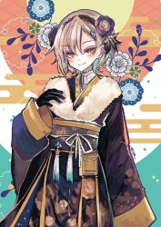 1girl alternate_costume black_gloves black_kimono blonde_hair blue_flower closed_mouth commentary_request egasumi flower fur_collar gloves hand_up hasumi_leia japanese_clothes kimono long_sleeves looking_at_viewer mahou_shoujo_no_majo_saiban musica_musica obi purple_flower sash short_hair smile solo yellow_eyes 