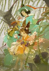  2girls absurdres bell black_eyes black_hair blue_dress blue_hat branch brown_eyes brown_hair character_request chinese_commentary closed_mouth commentary_request dress flower hand_on_own_chest hat hat_tassel highres holding holding_bell multiple_girls muyihui orange_dress outdoors parted_lips plant red_ribbon ribbon shoes short_hair sitting tree vines wang_chuan_feng_hua_lu white_flower 