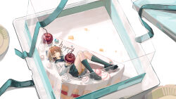  1girl absurdres ahoge aqua_ribbon birthday_cake black_sailor_collar black_shoes black_skirt black_socks brown_eyes brown_hair brown_shorts cake cherry chinese_commentary commentary_request food frilled_shorts frills fruit hanser_(vtuber) highres holding holding_food holding_fruit indie_utaite kneehighs lance_no_lot loafers looking_at_viewer lying mini_person minigirl on_back on_food pastry_box ribbon sailor_collar sailor_shirt school_uniform serafuku shirt shoes short_hair shorts shorts_under_skirt skirt socks solo utaite white_shirt 