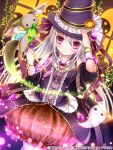 1girl hair_ornament hairclip halloween hat holding long_hair looking_at_viewer official_art original pumpkin_pants seiten_ragnarok shitou silver_hair smile solo violet_eyes wand witch_hat 