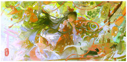  1girl absurdres ascot black_cat bow brown_hair cat chinese_commentary closed_mouth commentary_request detached_sleeves fish frilled_bow frilled_hair_tubes frilled_skirt frills gohei hair_bow hair_tubes hakurei_reimu highres holding holding_gohei lantern long_hair luorakka paper_lantern red_bow red_eyes red_skirt ribbon-trimmed_sleeves ribbon_trim skirt skirt_set solo torii touhou very_long_hair yellow_ascot 