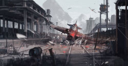  absurdres aerial_battle aircraft airplane battle building crash_landing day dogfight drum_(container) grey_sky highres hutao_li military_vehicle no_humans original outdoors propeller_fighter railroad_tracks scenery shot_down sky train_station 
