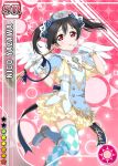  black_hair blush character_name dress gloves hat long_hair love_live!_school_idol_project red_eyes trumpet twintails wings yazawa_nico 