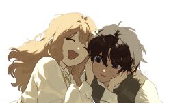  1boy 1girl ^_^ blush brown_hair catherine_(project_moon) closed_eyes dress grey_vest hands_up heathcliff_(project_moon) limbus_company long_sleeves mangsug12_40 open_mouth project_moon puffy_long_sleeves puffy_sleeves simple_background smile sweat vest violet_eyes white_background white_dress 